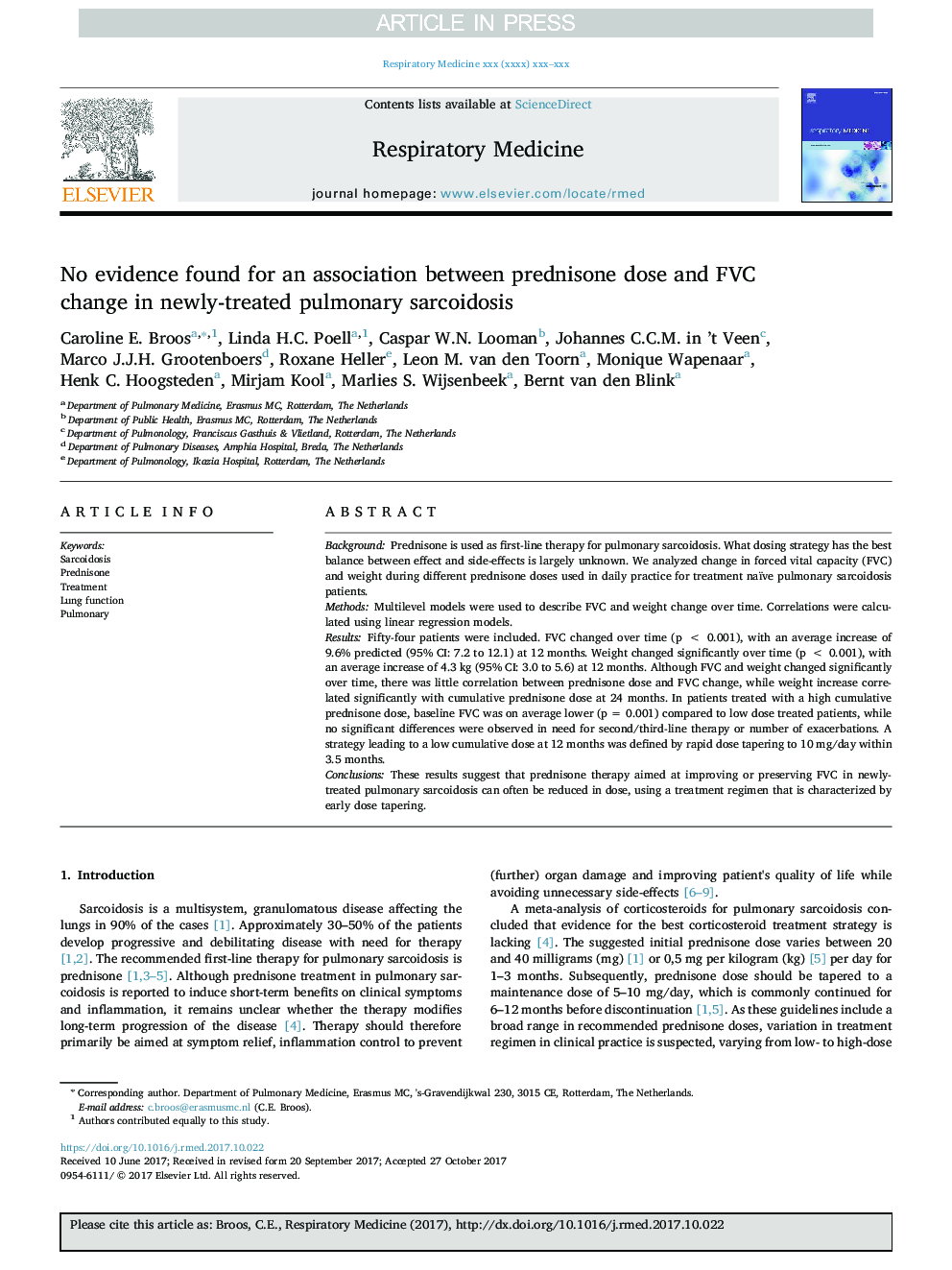 No evidence found for an association between prednisone dose and FVC change in newly-treated pulmonary sarcoidosis