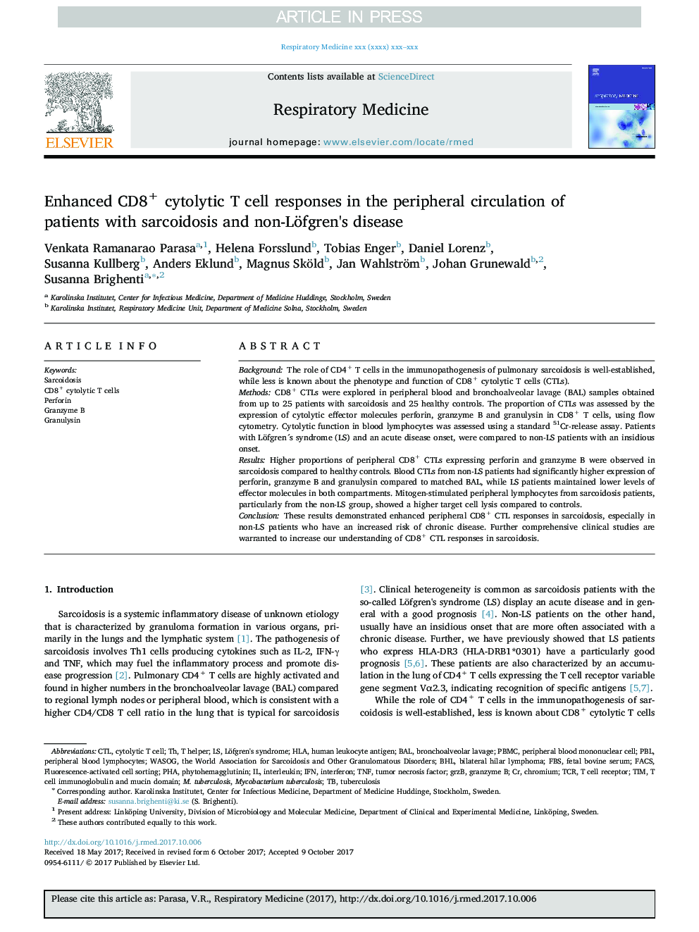 Enhanced CD8+ cytolytic T cell responses in the peripheral circulation of patients with sarcoidosis and non-Löfgren's disease