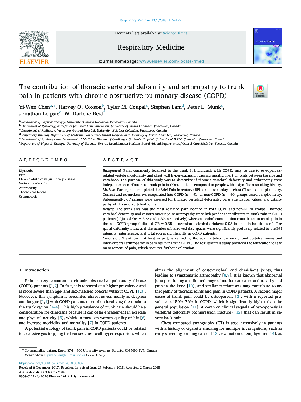 The contribution of thoracic vertebral deformity and arthropathy to trunk pain in patients with chronic obstructive pulmonary disease (COPD)