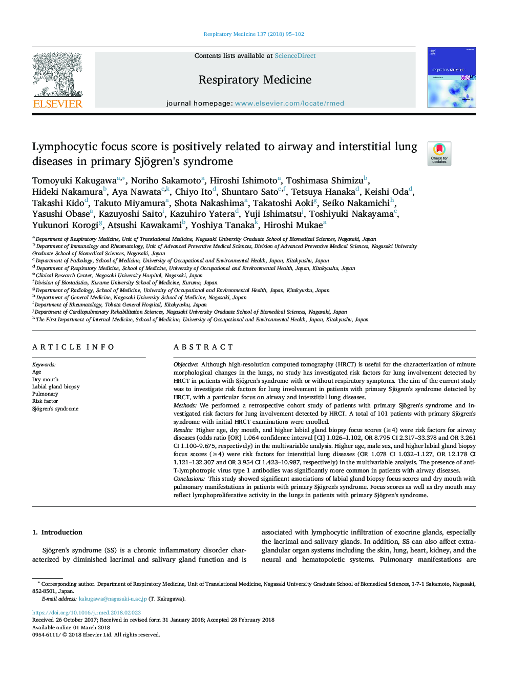 Lymphocytic focus score is positively related to airway and interstitial lung diseases in primary Sjögren's syndrome