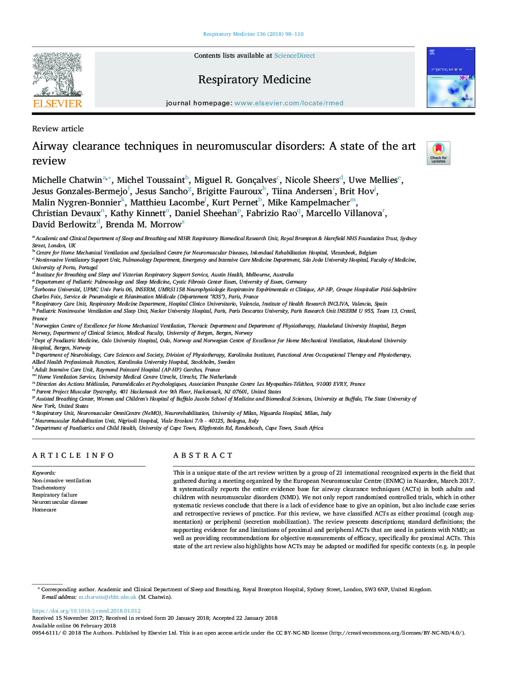 Airway clearance techniques in neuromuscular disorders: A state of the art review