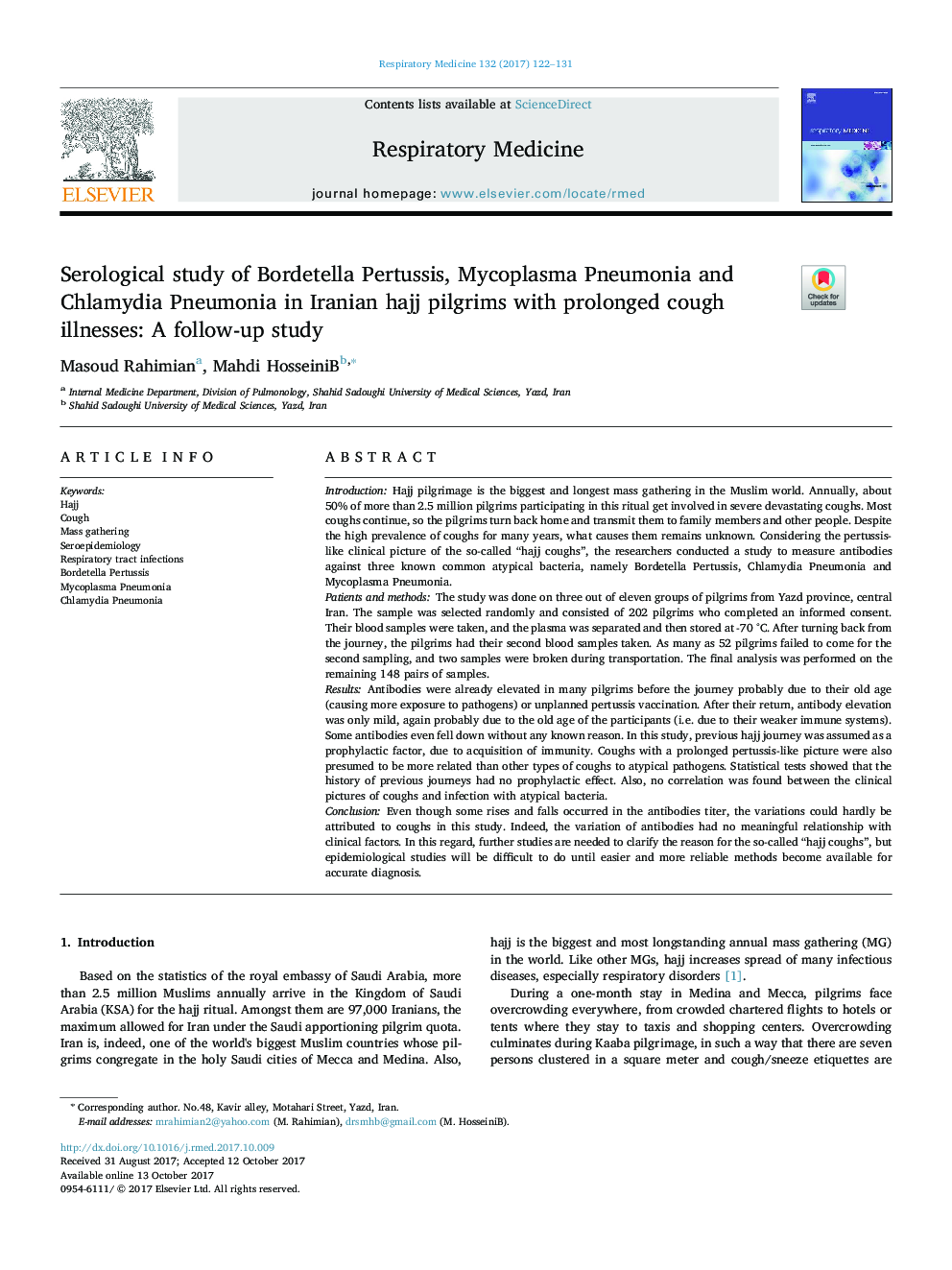 Serological study of Bordetella Pertussis, Mycoplasma Pneumonia and Chlamydia Pneumonia in Iranian hajj pilgrims with prolonged cough illnesses: A follow-up study