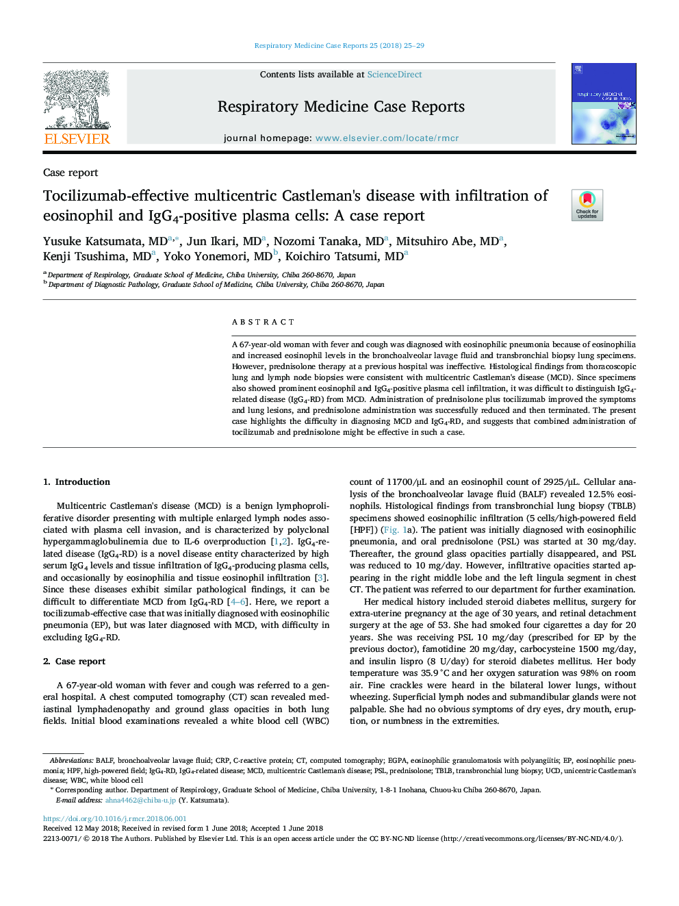 Tocilizumab-effective multicentric Castleman's disease with infiltration of eosinophil and IgG4-positive plasma cells: A case report