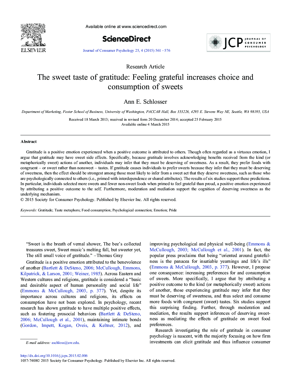 The sweet taste of gratitude: Feeling grateful increases choice and consumption of sweets