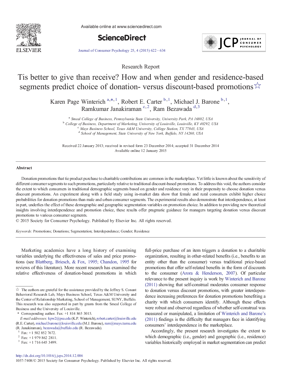 Tis better to give than receive? How and when gender and residence-based segments predict choice of donation- versus discount-based promotions 