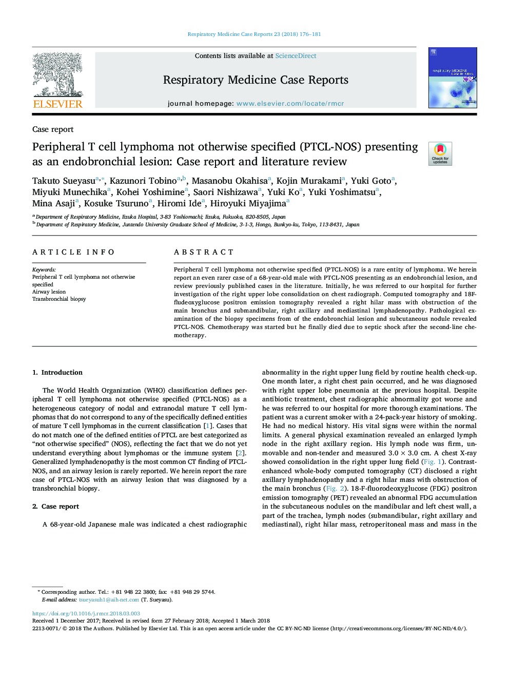 Peripheral T cell lymphoma not otherwise specified (PTCL-NOS) presenting as an endobronchial lesion: Case report and literature review