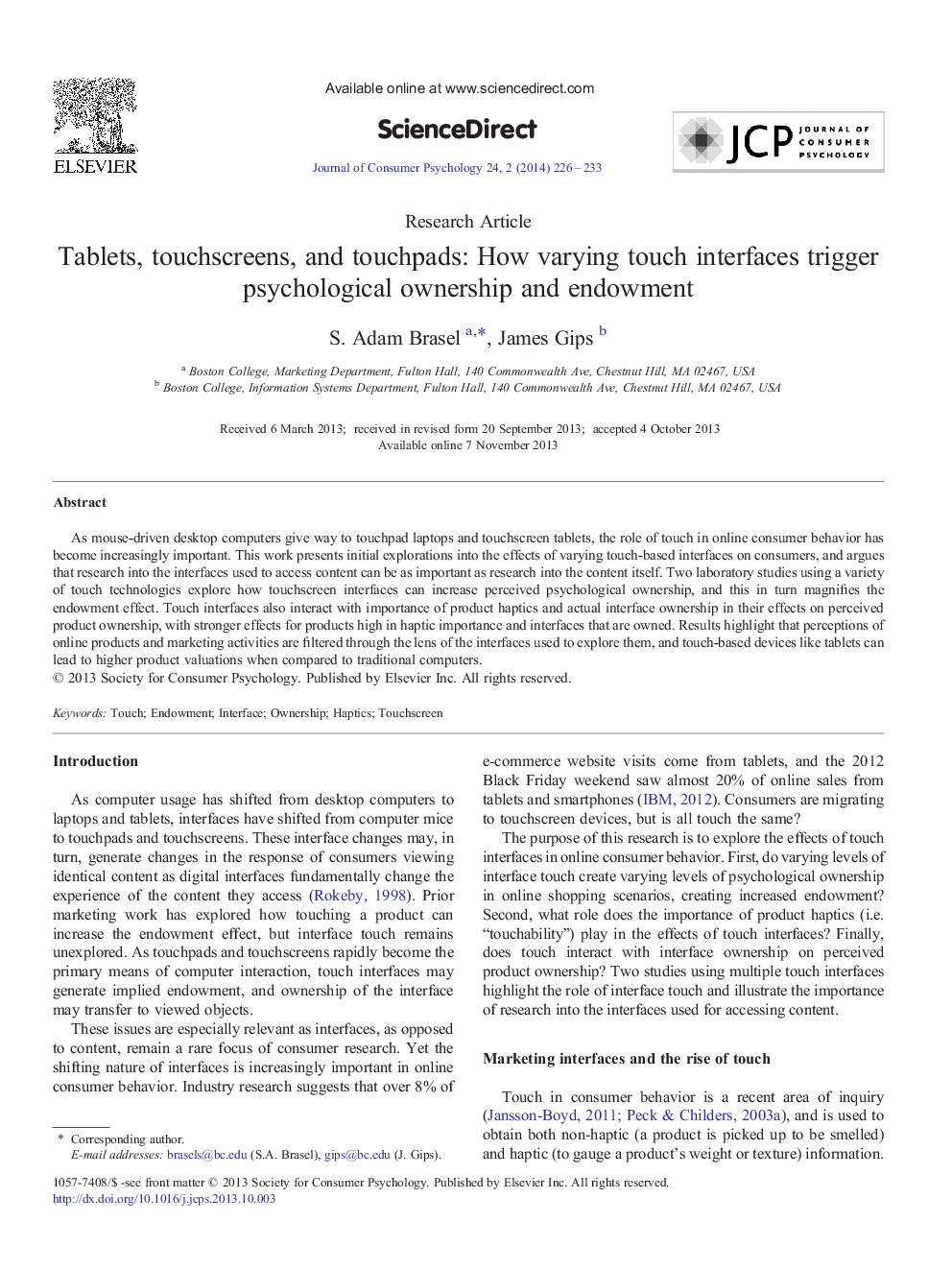 Tablets, touchscreens, and touchpads: How varying touch interfaces trigger psychological ownership and endowment