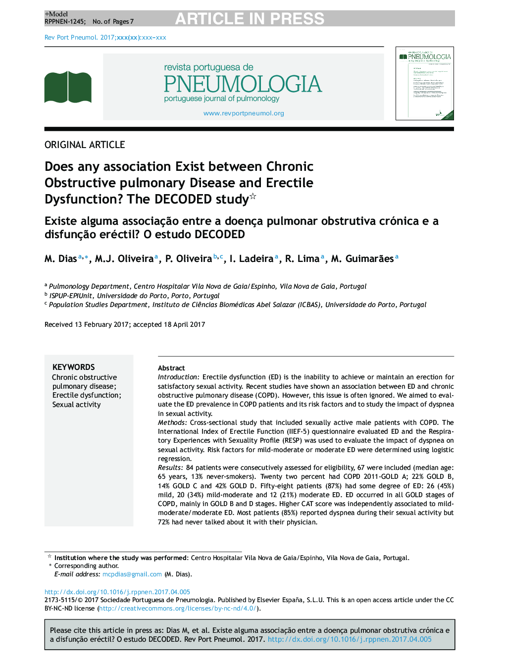 Does any association exist between Chronic Obstructive Pulmonary Disease and Erectile Dysfunction? The DECODED study