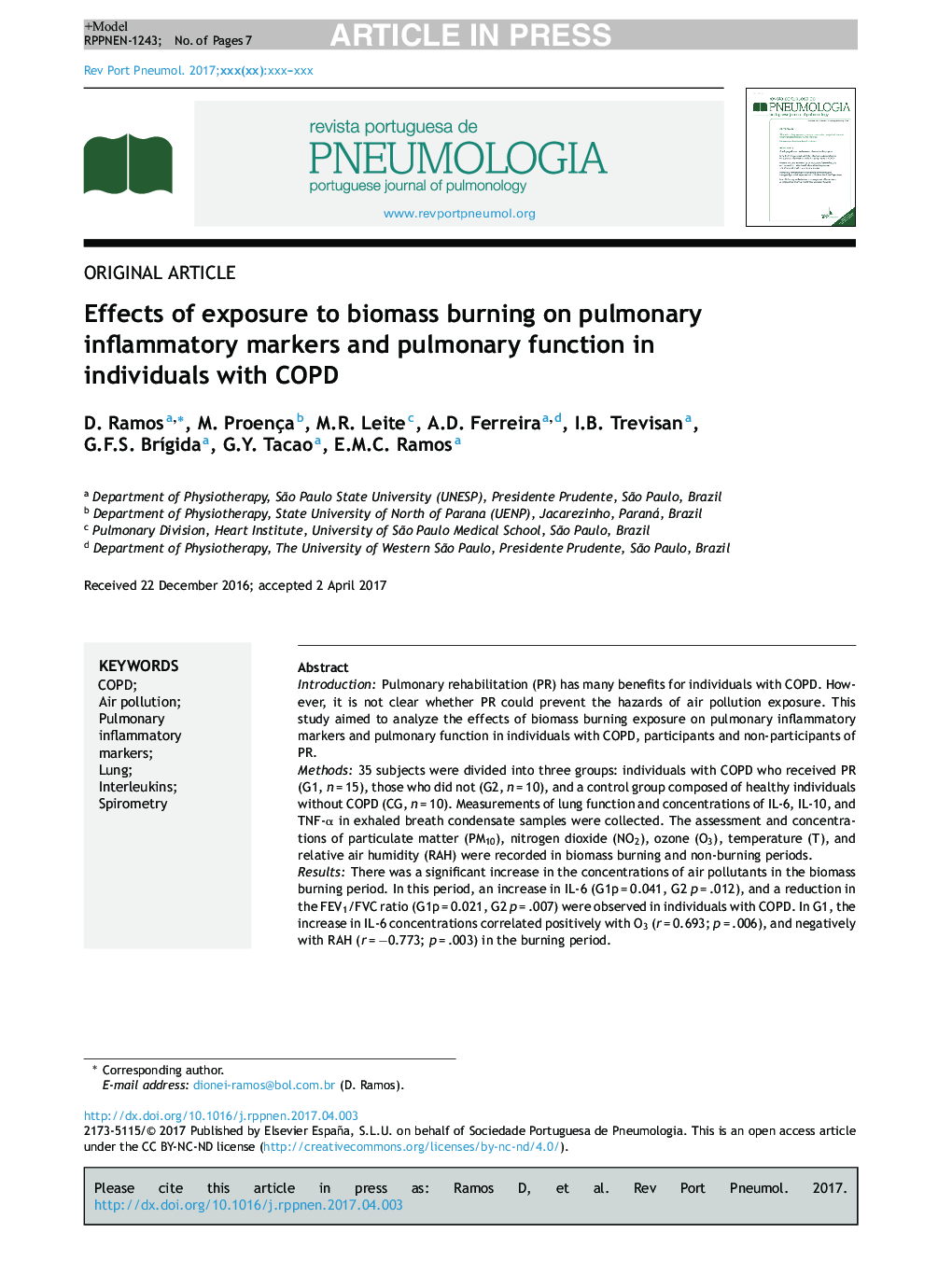 Effects of exposure to biomass burning on pulmonary inflammatory markers and pulmonary function in individuals with COPD