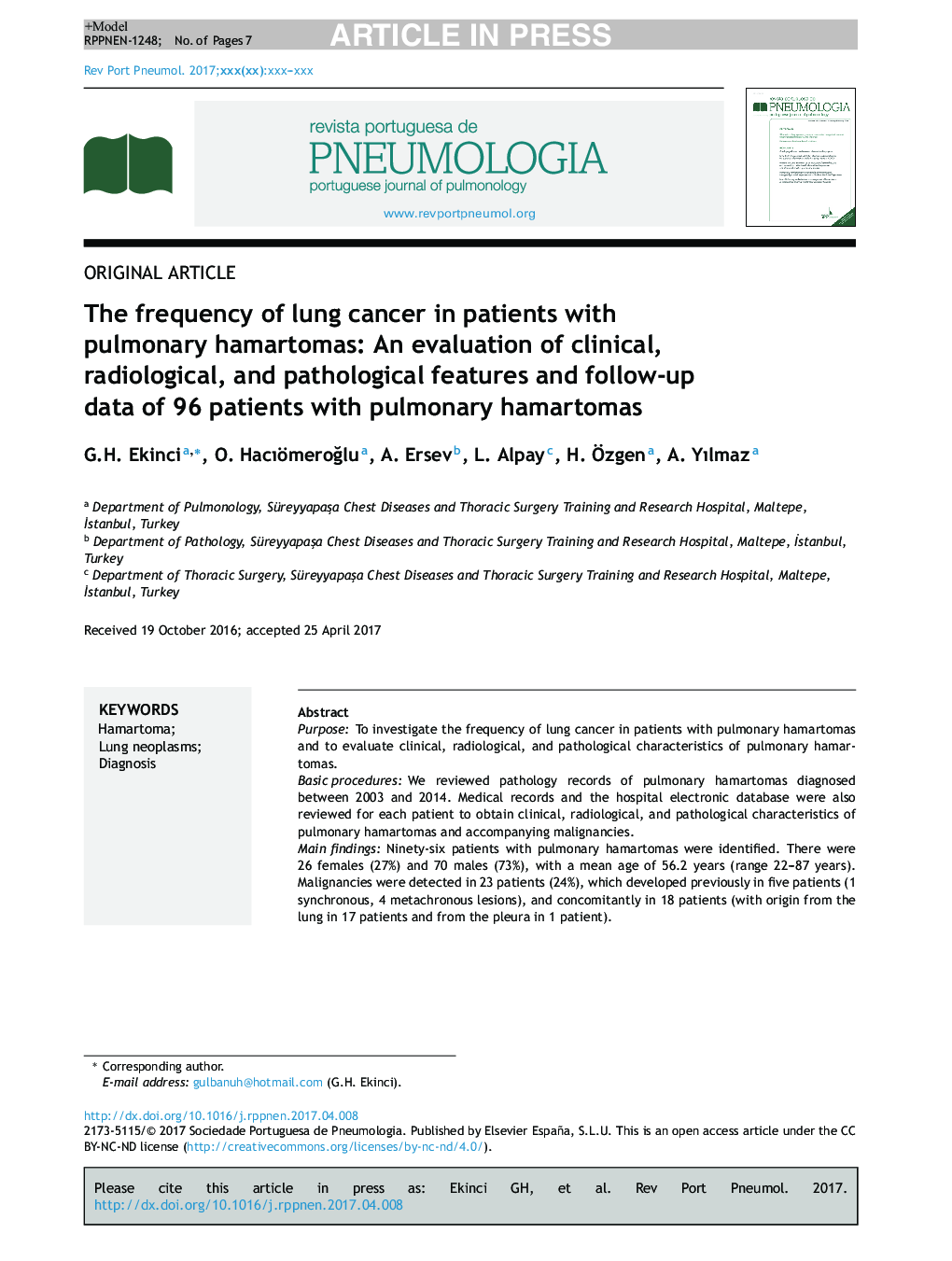 The frequency of lung cancer in patients with pulmonary hamartomas: An evaluation of clinical, radiological, and pathological features and follow-up data of 96 patients with pulmonary hamartomas