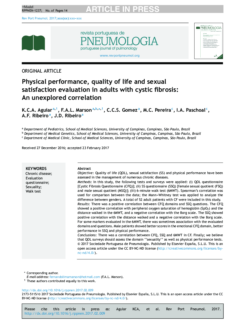 Physical performance, quality of life and sexual satisfaction evaluation in adults with cystic fibrosis: An unexplored correlation