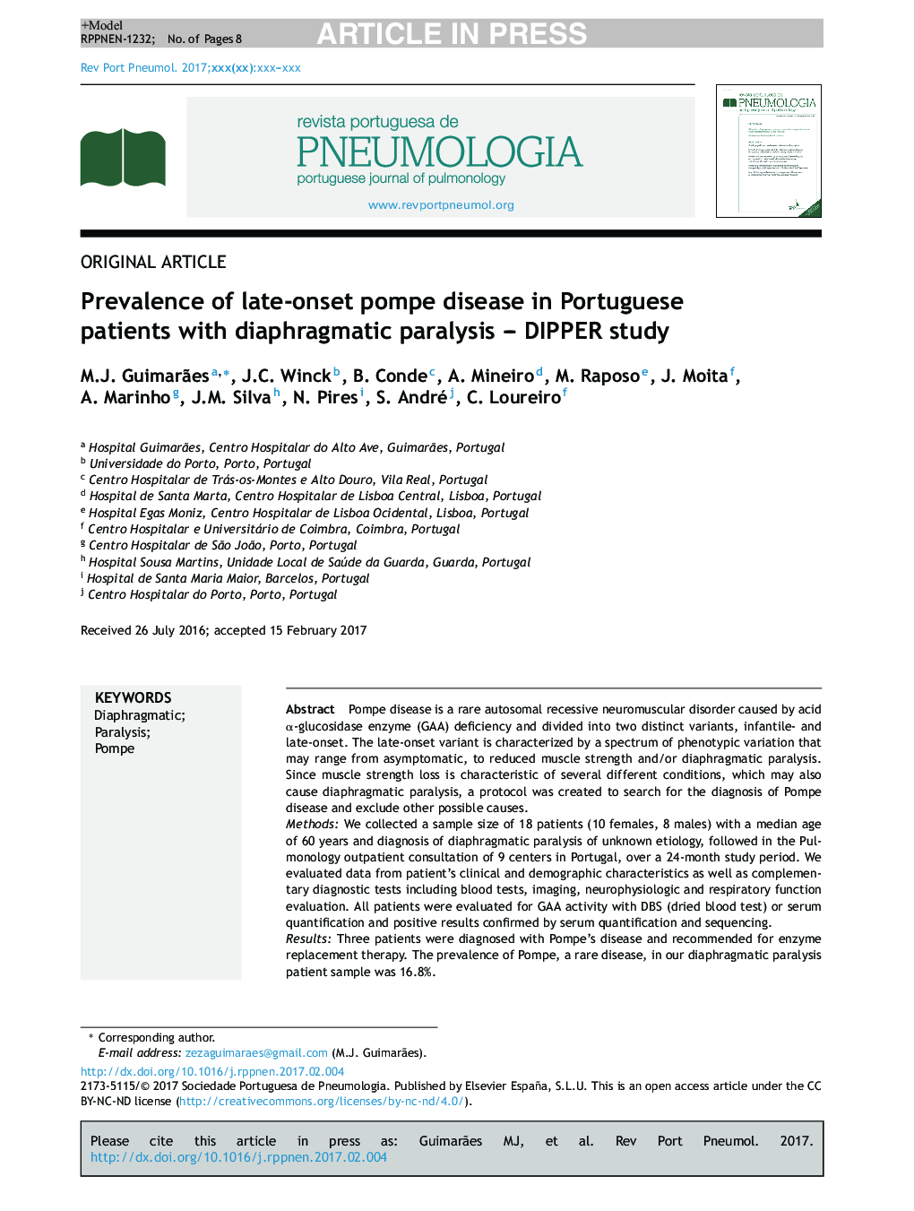 Prevalence of late-onset pompe disease in Portuguese patients with diaphragmatic paralysis - DIPPER study