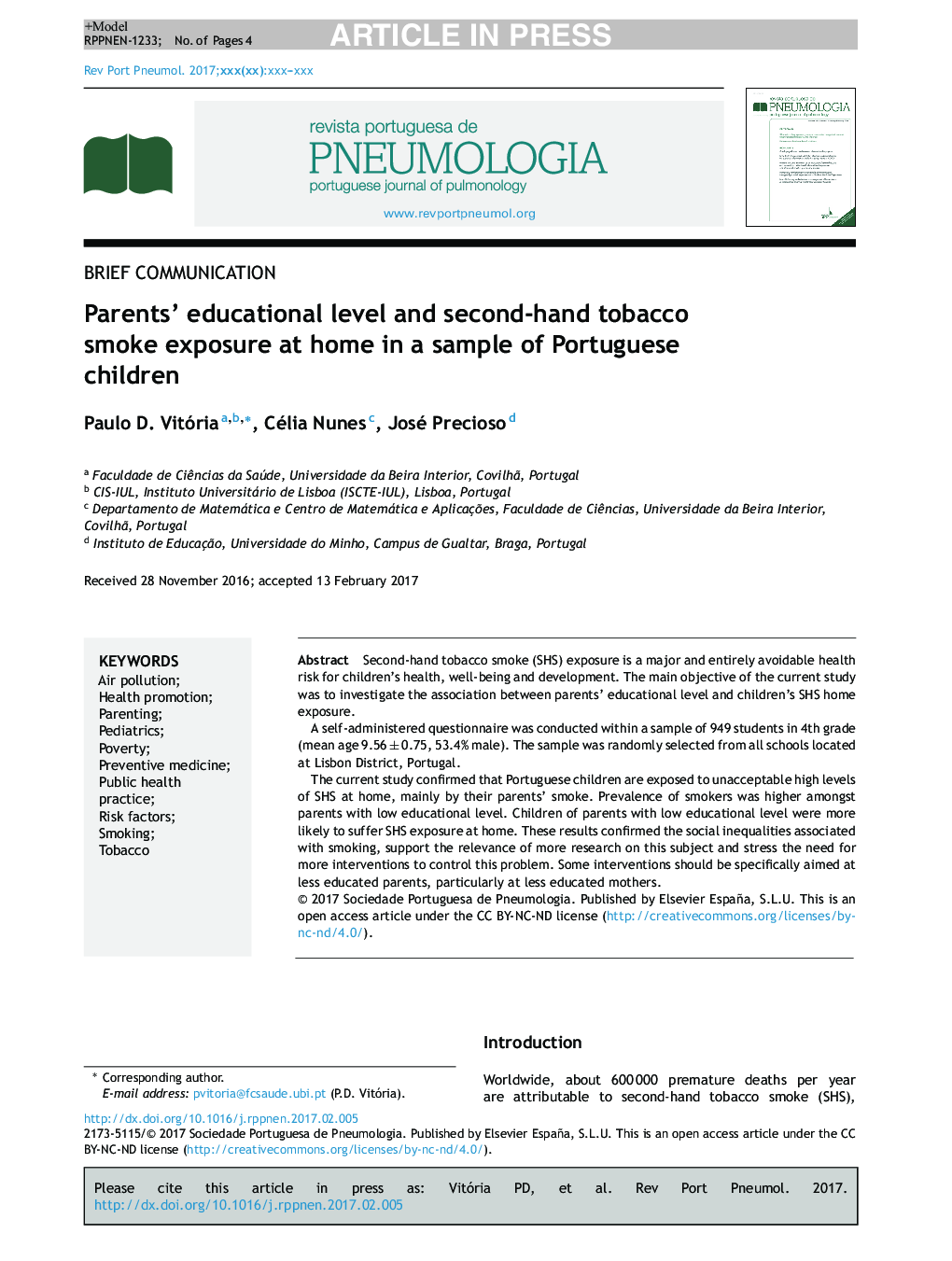 سطح تحصیل والدین و قرار گرفتن در معرض دود سیگار در خانه در یک نمونه از کودکان پرتغالی 
