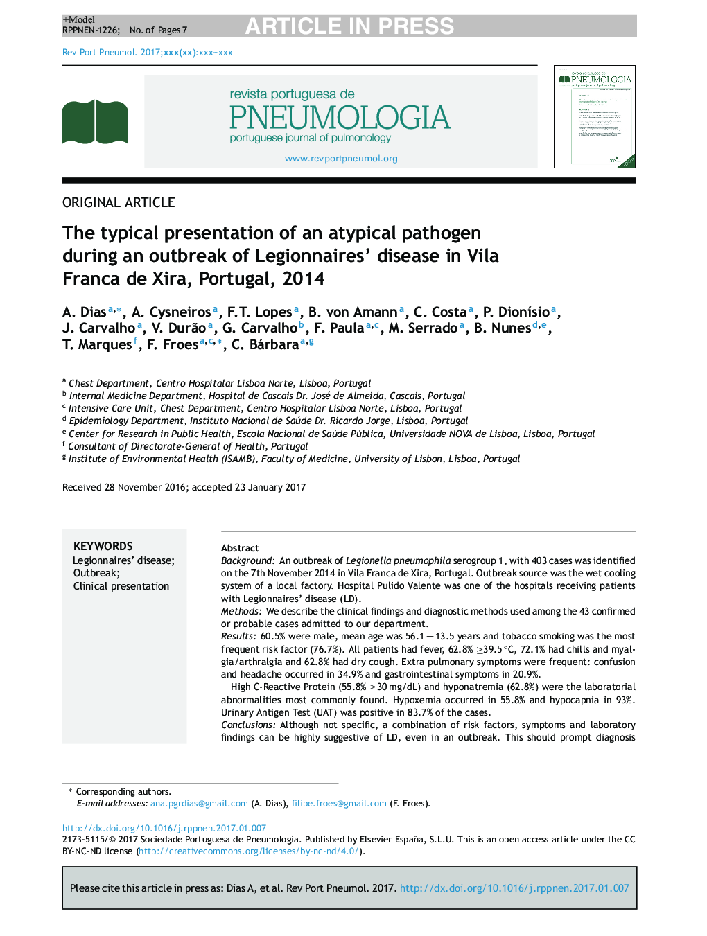 The typical presentation of an atypical pathogen during an outbreak of Legionnaires' disease in Vila Franca de Xira, Portugal, 2014