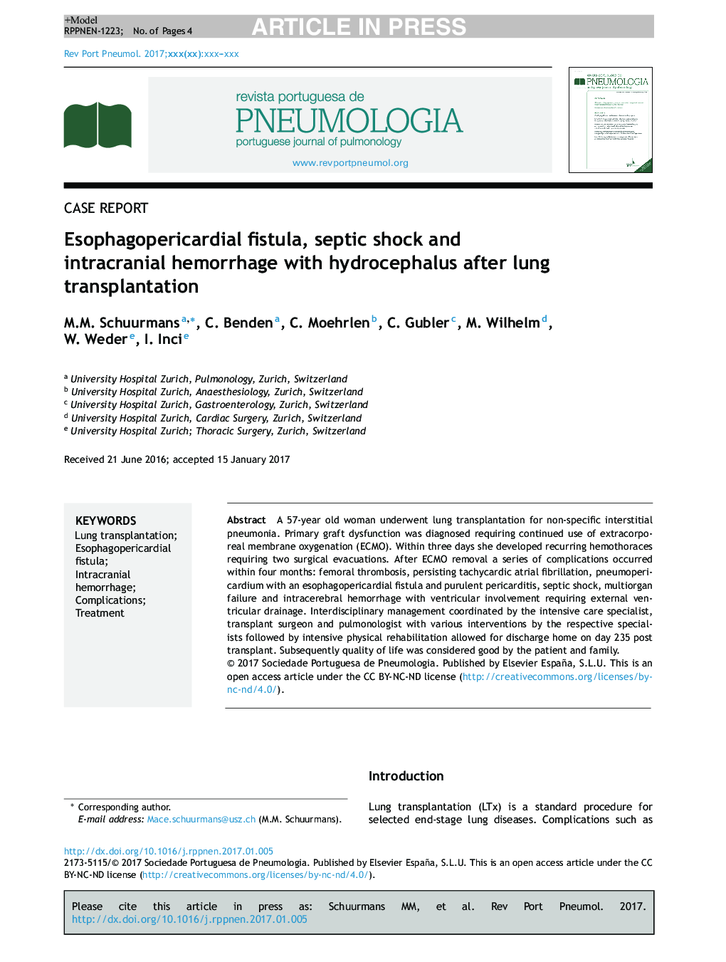 Esophagopericardial fistula, septic shock and intracranial hemorrhage with hydrocephalus after lung transplantation