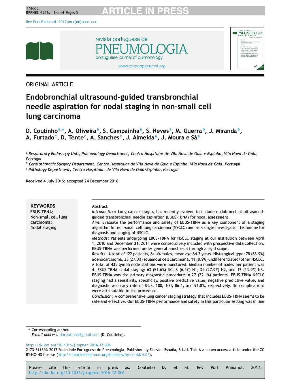 Endobronchial ultrasound-guided transbronchial needle aspiration for nodal staging in non-small cell lung carcinoma