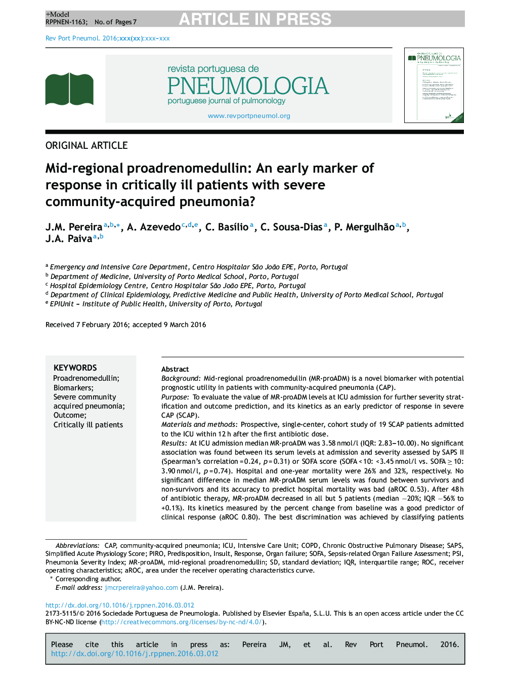 Mid-regional proadrenomedullin: An early marker of response in critically ill patients with severe community-acquired pneumonia?