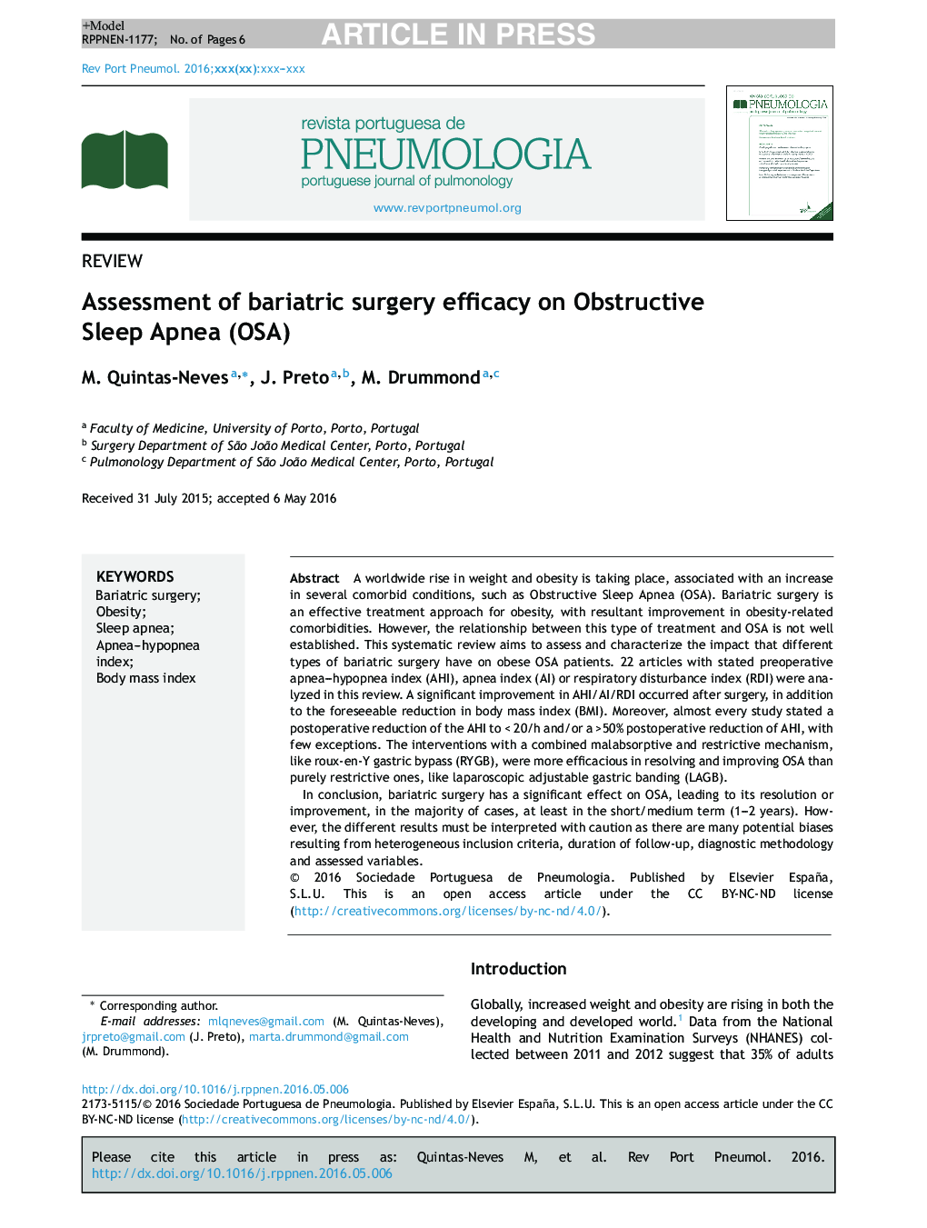 Assessment of bariatric surgery efficacy on Obstructive Sleep Apnea (OSA)