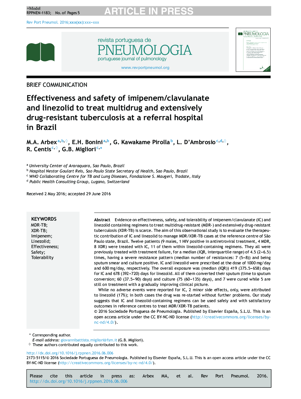 Effectiveness and safety of imipenem/clavulanate and linezolid to treat multidrug and extensively drug-resistant tuberculosis at a referral hospital in Brazil