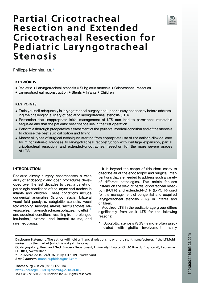 Partial Cricotracheal Resection and Extended Cricotracheal Resection for Pediatric Laryngotracheal Stenosis