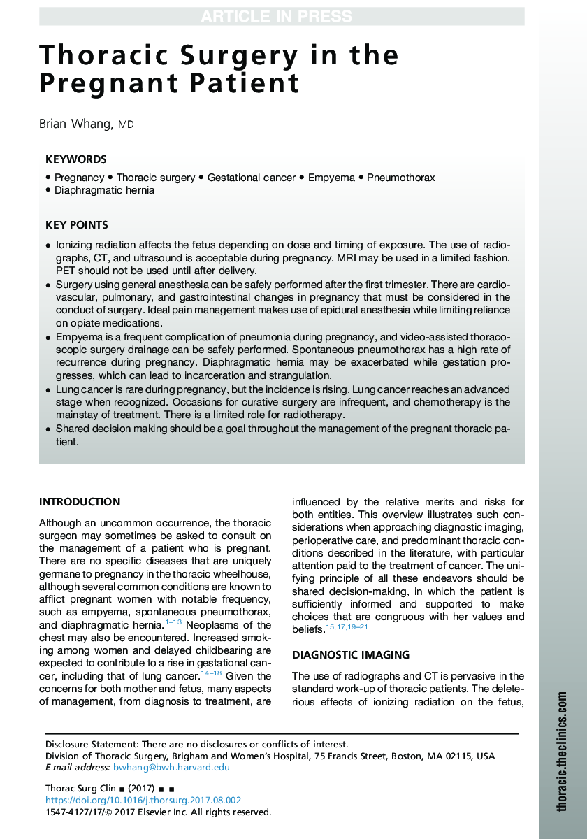 Thoracic Surgery in the Pregnant Patient