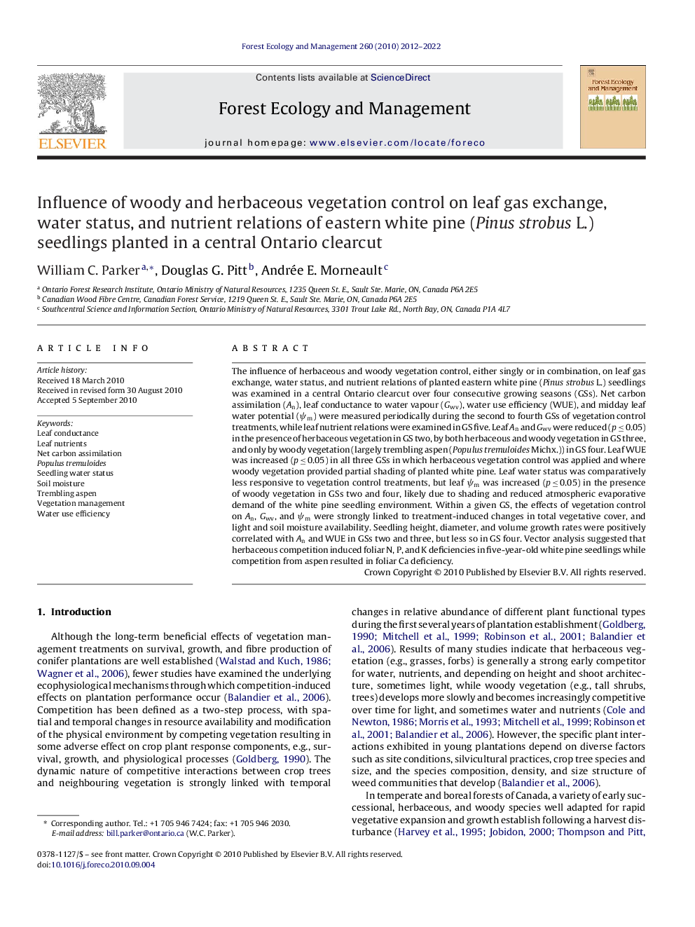 Influence of woody and herbaceous vegetation control on leaf gas exchange, water status, and nutrient relations of eastern white pine (Pinus strobus L.) seedlings planted in a central Ontario clearcut