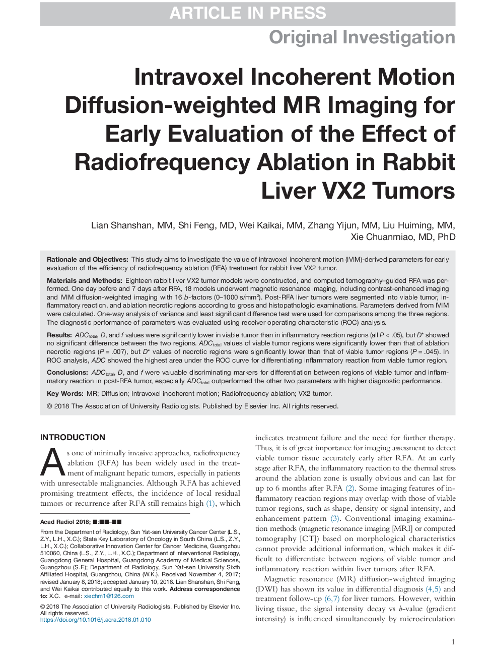 Intravoxel Incoherent Motion Diffusion-weighted MR Imaging for Early Evaluation of the Effect of Radiofrequency Ablation in Rabbit Liver VX2 Tumors