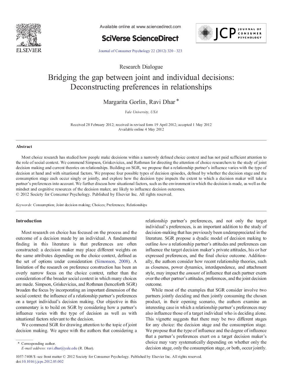 عکس صفحه اول مقاله: Bridging the gap between joint and individual decisions: Deconstructing preferences in relationships Bridging the gap between joint and individual decisions: Deconstructing preferences in relationships