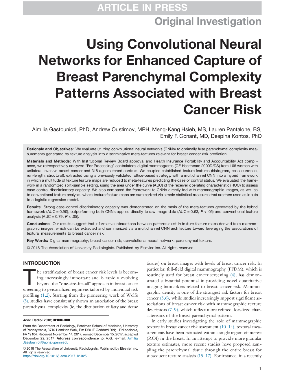 Using Convolutional Neural Networks for Enhanced Capture of Breast Parenchymal Complexity Patterns Associated with Breast Cancer Risk