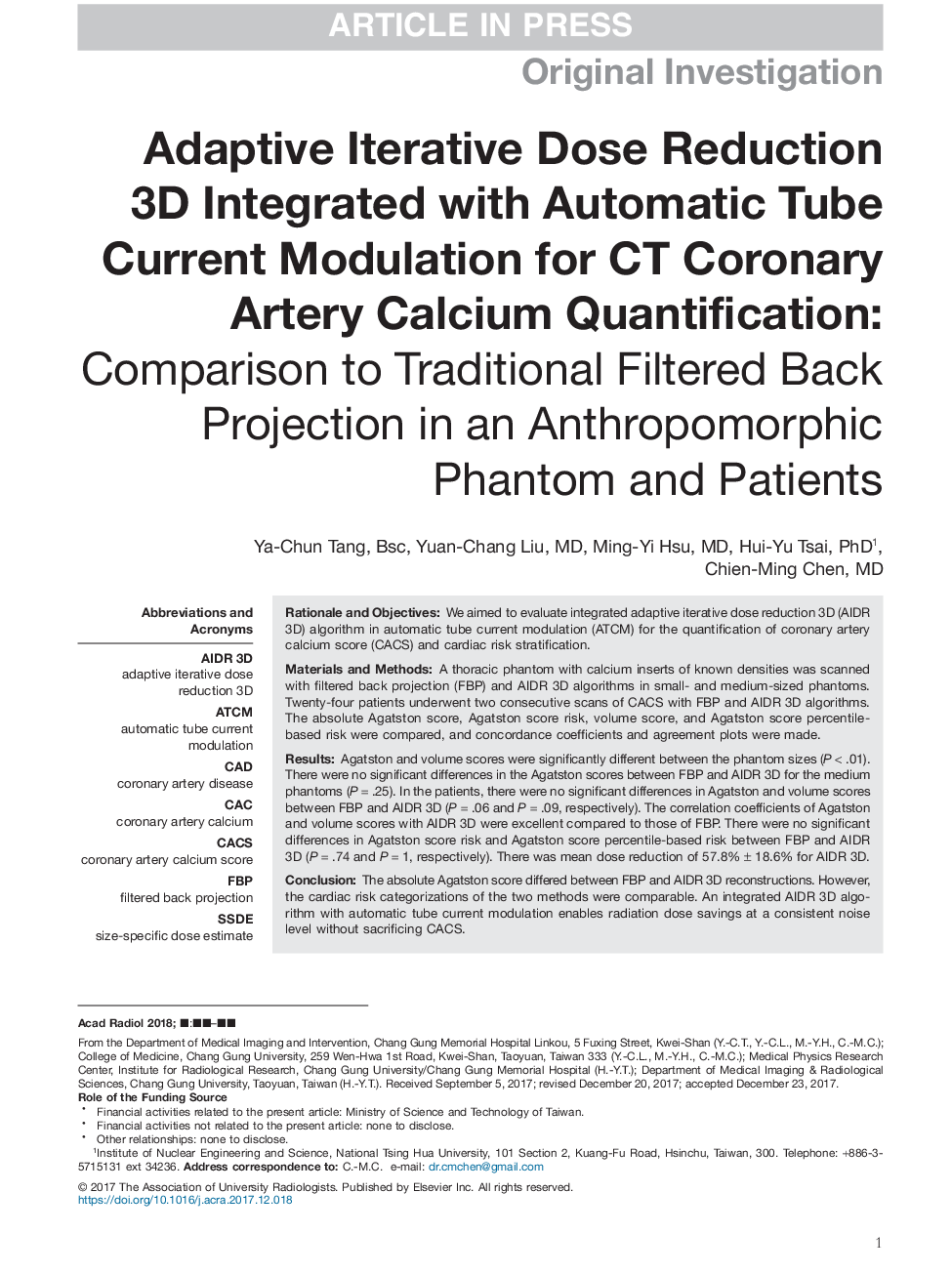 Adaptive Iterative Dose Reduction 3D Integrated with Automatic Tube Current Modulation for CT Coronary Artery Calcium Quantification