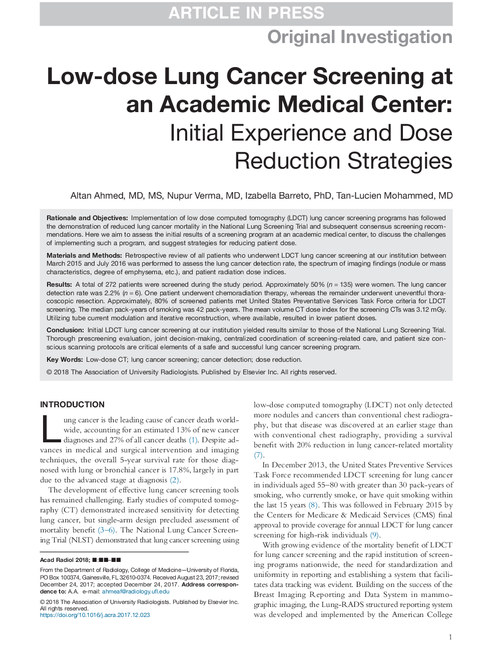 Low-dose Lung Cancer Screening at an Academic Medical Center