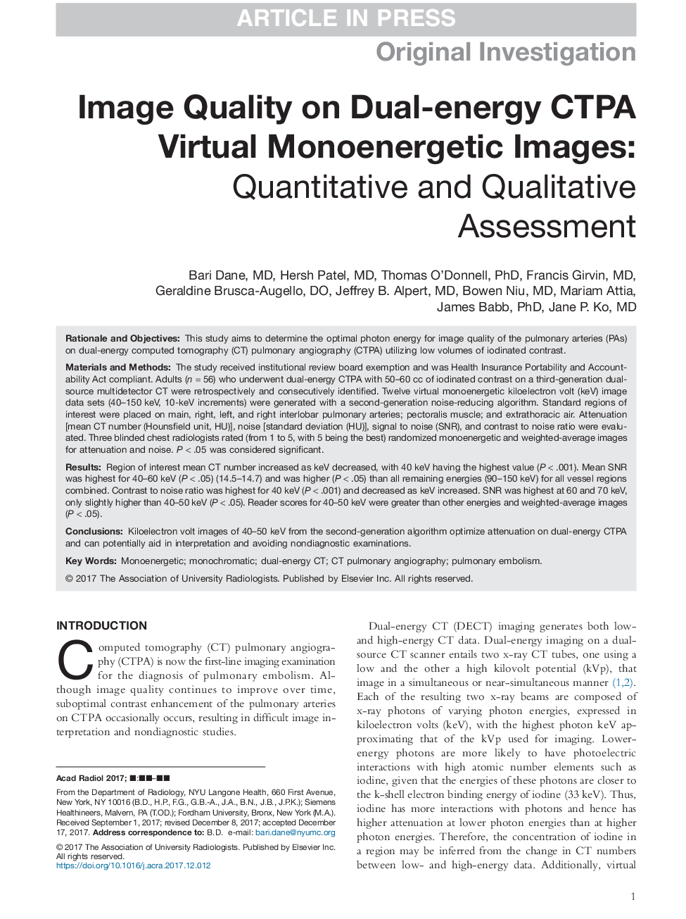 Image Quality on Dual-energy CTPA Virtual Monoenergetic Images