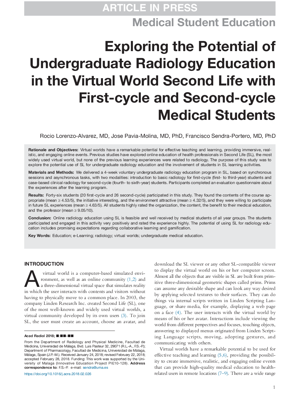 Exploring the Potential of Undergraduate Radiology Education in the Virtual World Second Life with First-cycle and Second-cycle Medical Students