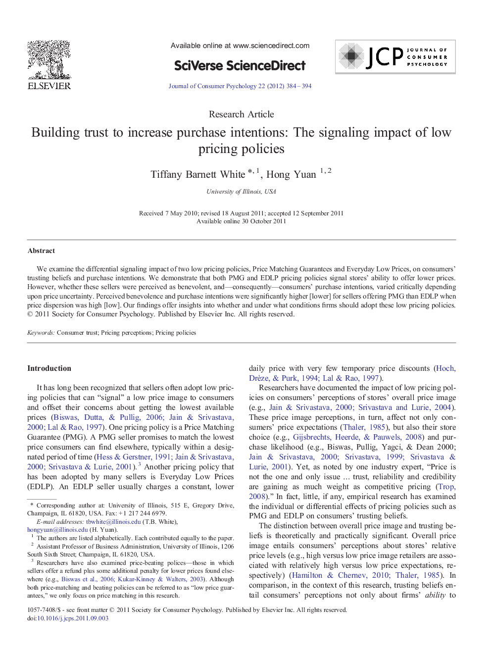 Building trust to increase purchase intentions: The signaling impact of low pricing policies