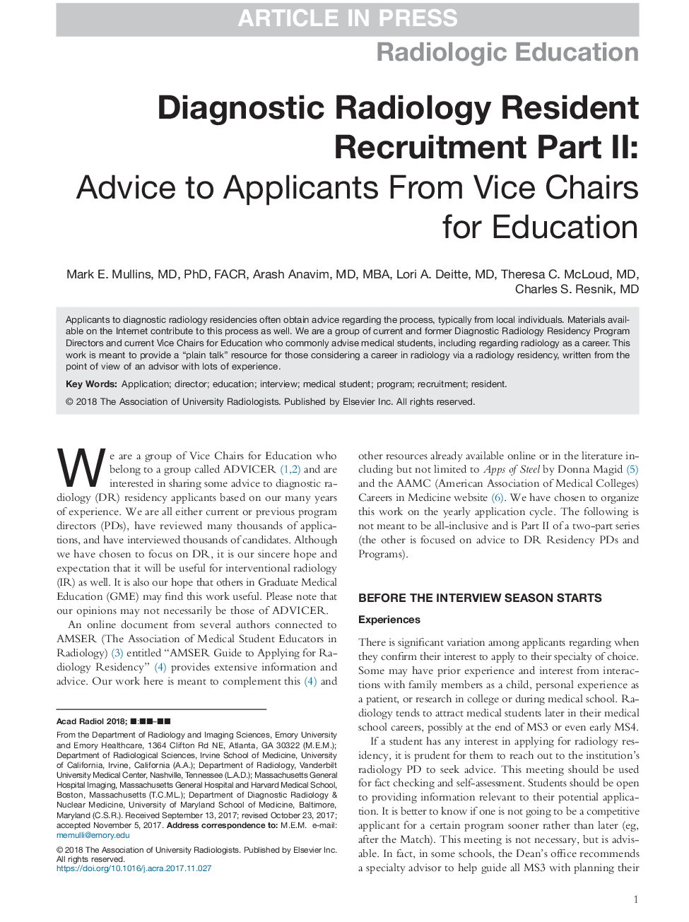 Diagnostic Radiology Resident Recruitment Part II