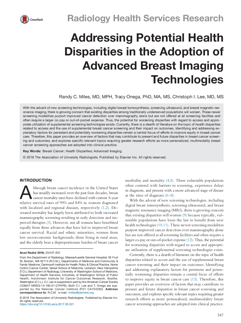 Addressing Potential Health Disparities in the Adoption of Advanced Breast Imaging Technologies