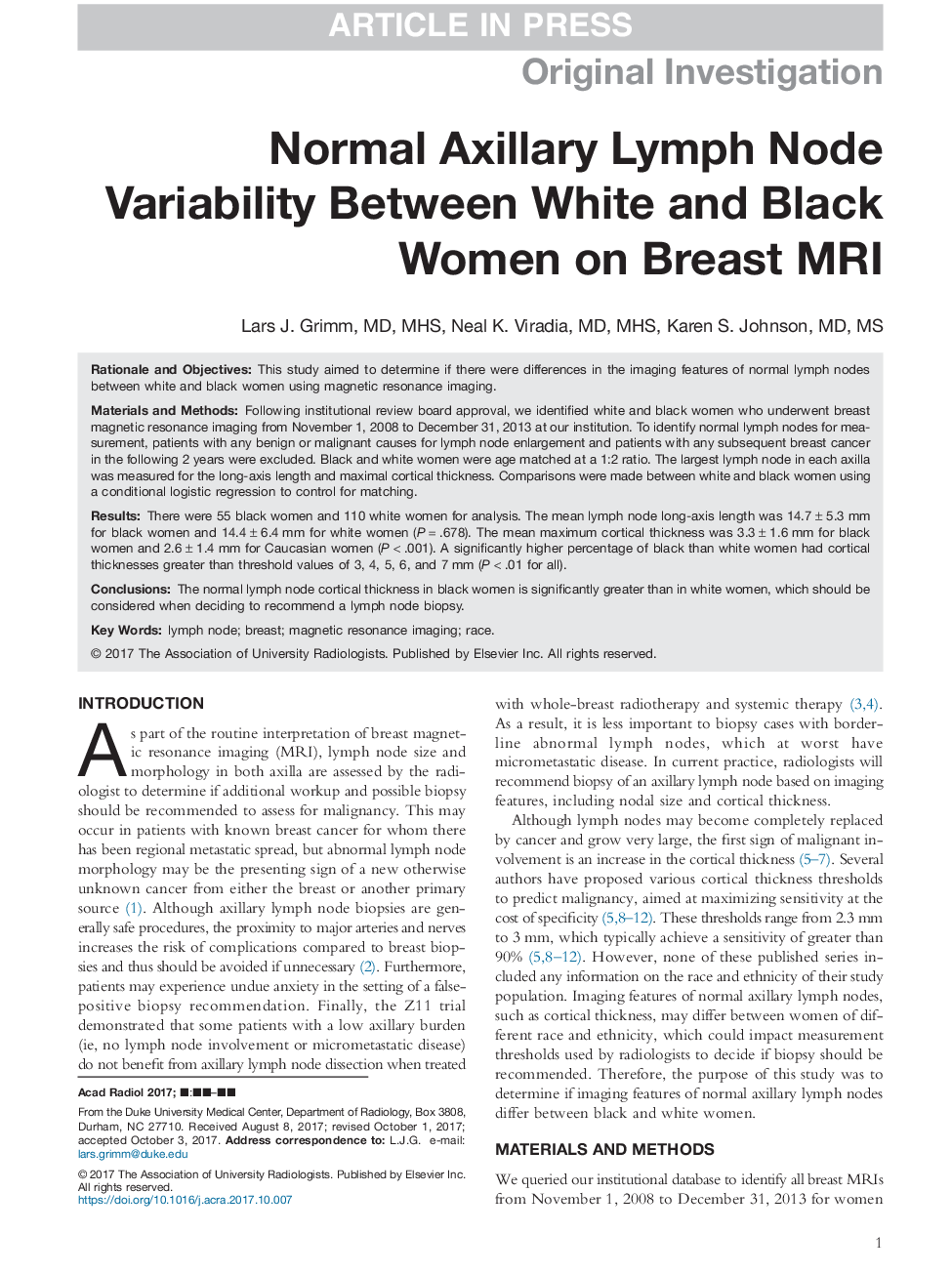 Normal Axillary Lymph Node Variability Between White and Black Women on Breast MRI