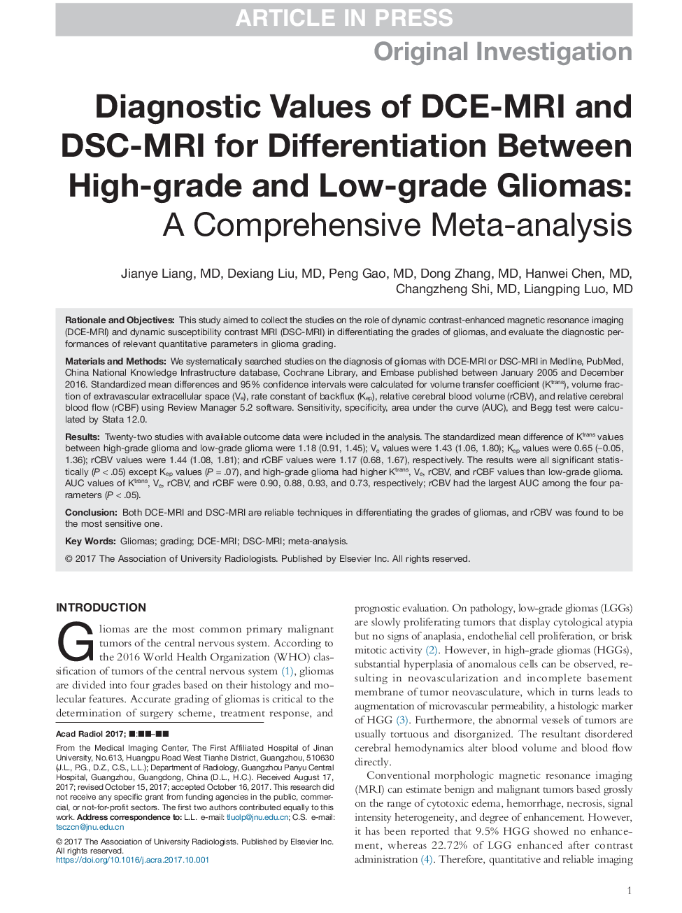 Diagnostic Values of DCE-MRI and DSC-MRI for Differentiation Between High-grade and Low-grade Gliomas