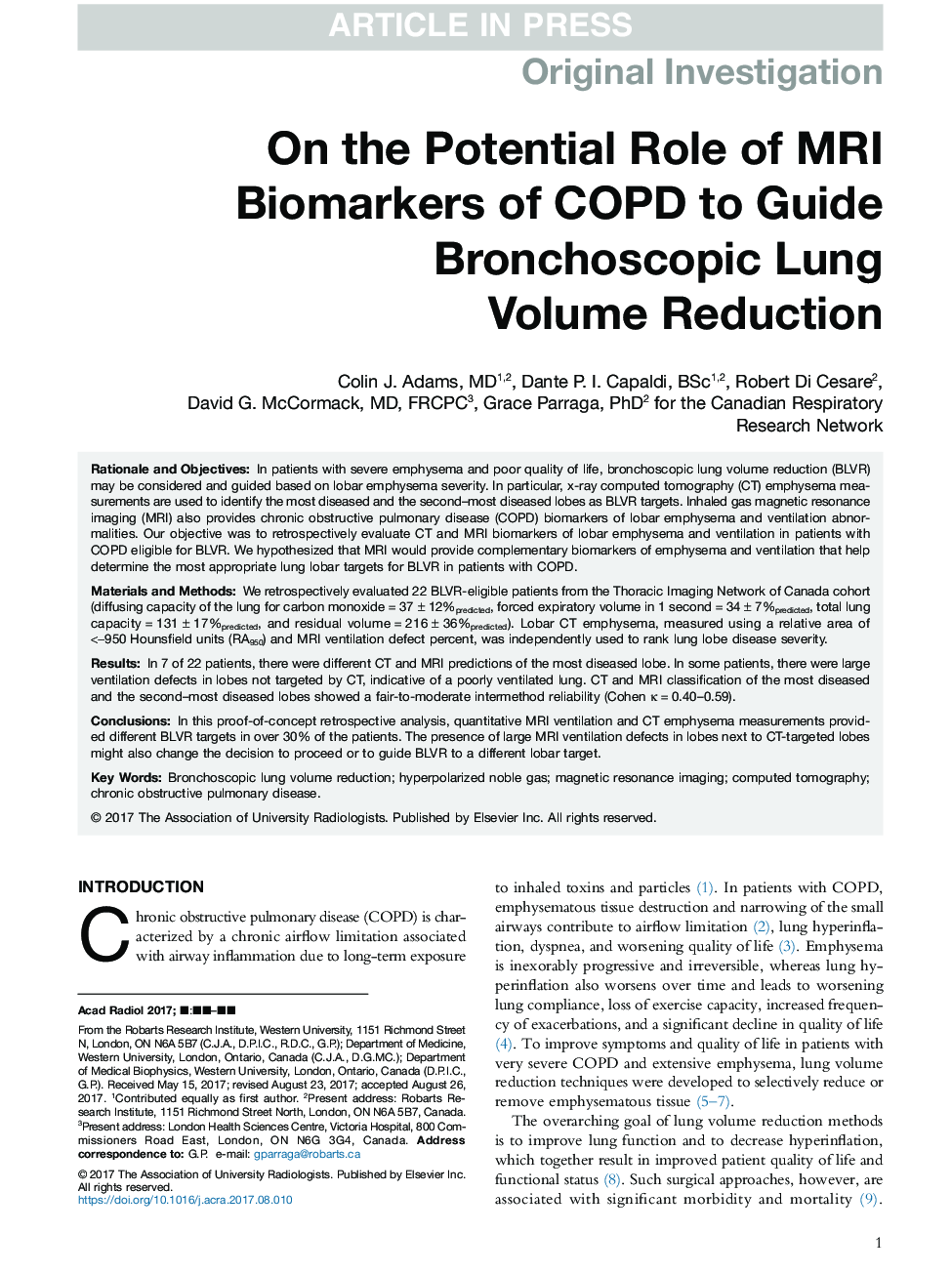 On the Potential Role of MRI Biomarkers of COPD to Guide Bronchoscopic Lung Volume Reduction