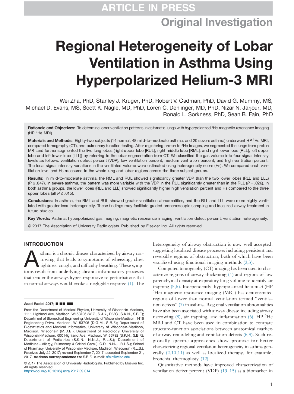 Regional Heterogeneity of Lobar Ventilation in Asthma Using Hyperpolarized Helium-3 MRI