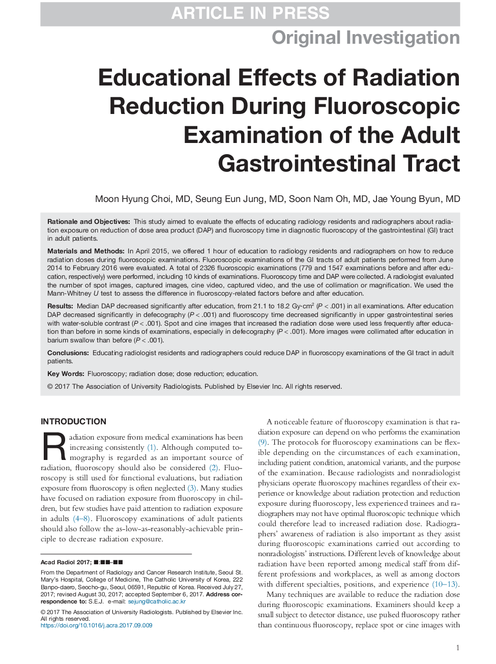 Educational Effects of Radiation Reduction During Fluoroscopic Examination of the Adult Gastrointestinal Tract