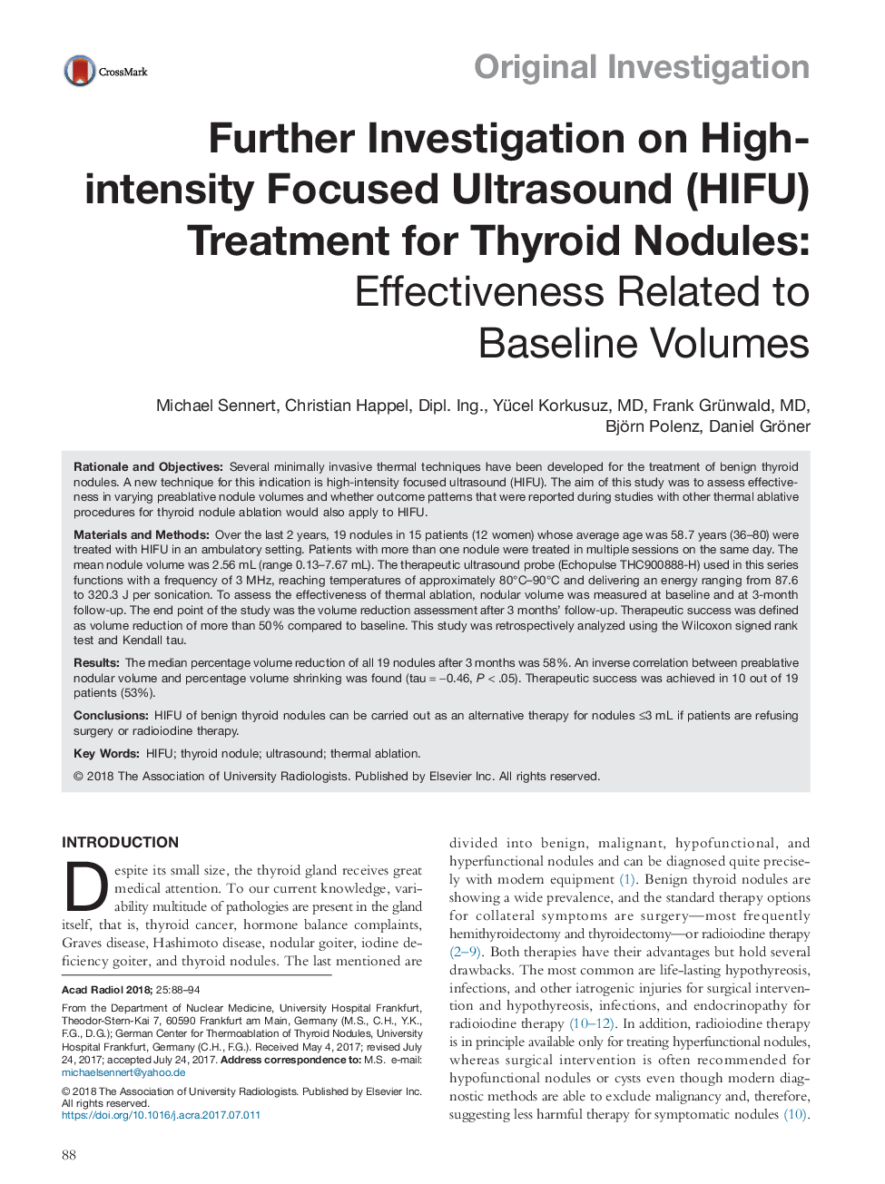 Further Investigation on High-intensity Focused Ultrasound (HIFU) Treatment for Thyroid Nodules