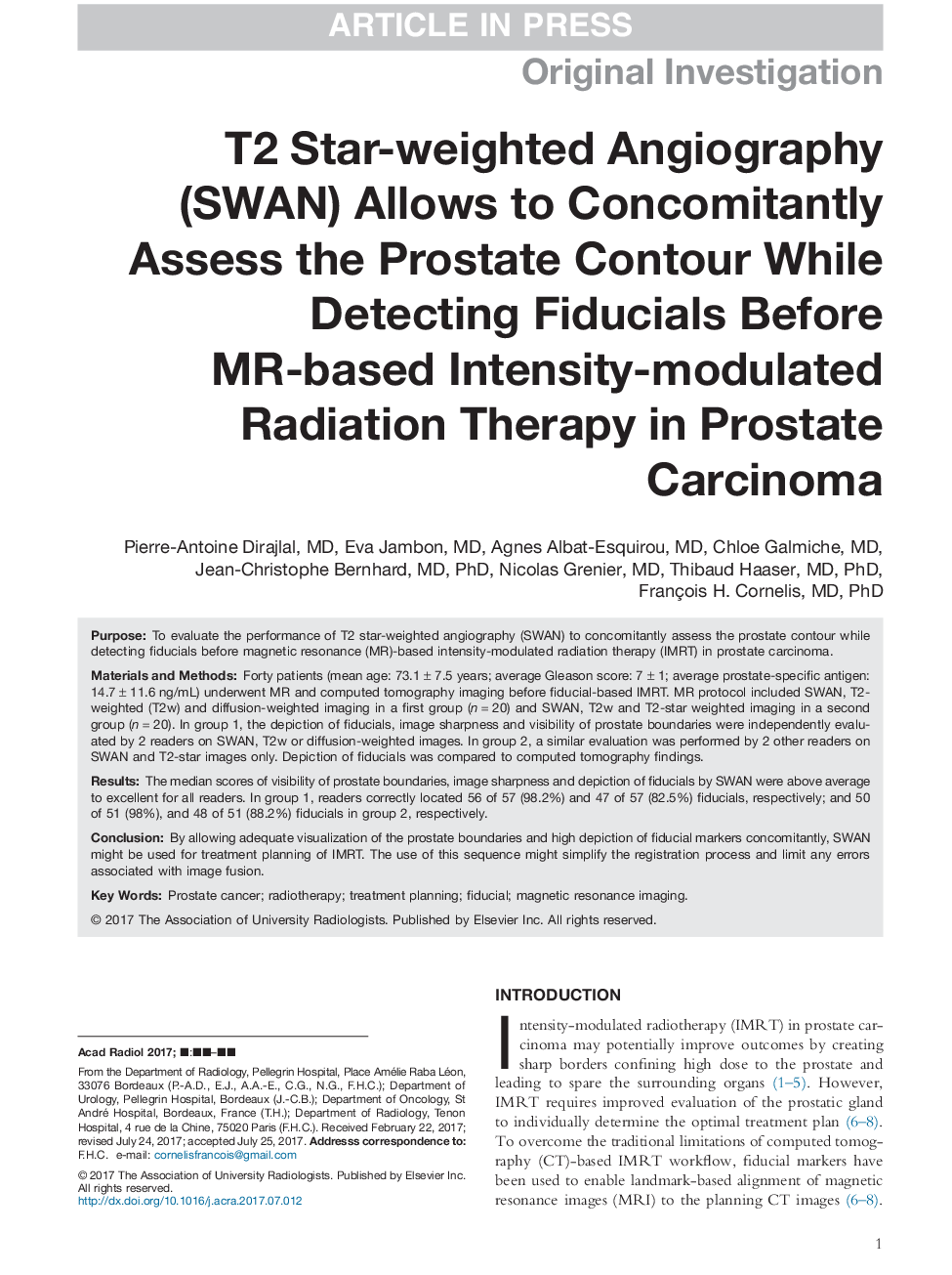 T2 Star-weighted Angiography (SWAN) Allows to Concomitantly Assess the Prostate Contour While Detecting Fiducials Before MR-based Intensity-modulated Radiation Therapy in Prostate Carcinoma