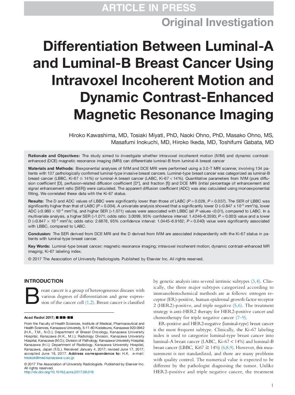 Differentiation Between Luminal-A and Luminal-B Breast Cancer Using Intravoxel Incoherent Motion and Dynamic Contrast-Enhanced Magnetic Resonance Imaging