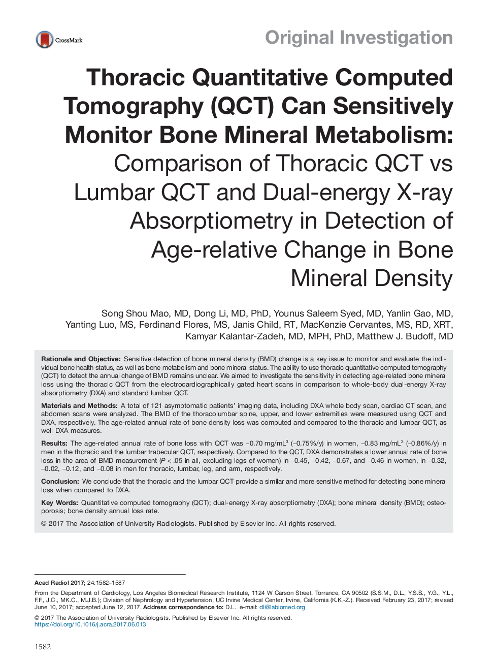 Thoracic Quantitative Computed Tomography (QCT) Can Sensitively Monitor Bone Mineral Metabolism