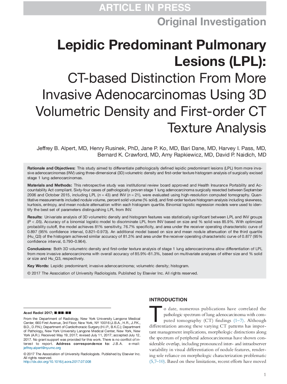 Lepidic Predominant Pulmonary Lesions (LPL)