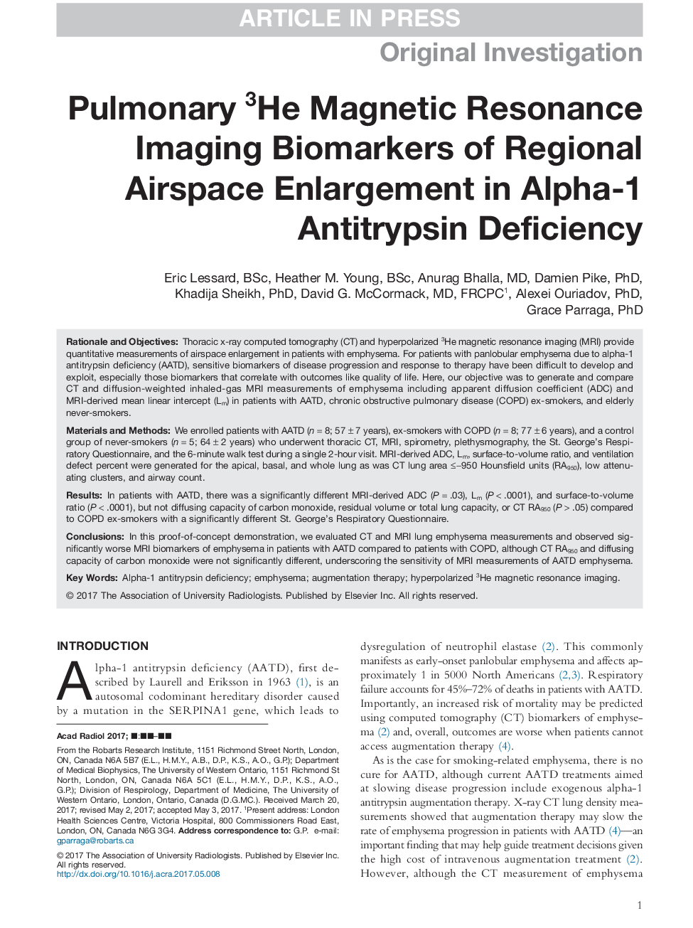 Pulmonary 3He Magnetic Resonance Imaging Biomarkers of Regional Airspace Enlargement in Alpha-1 Antitrypsin Deficiency
