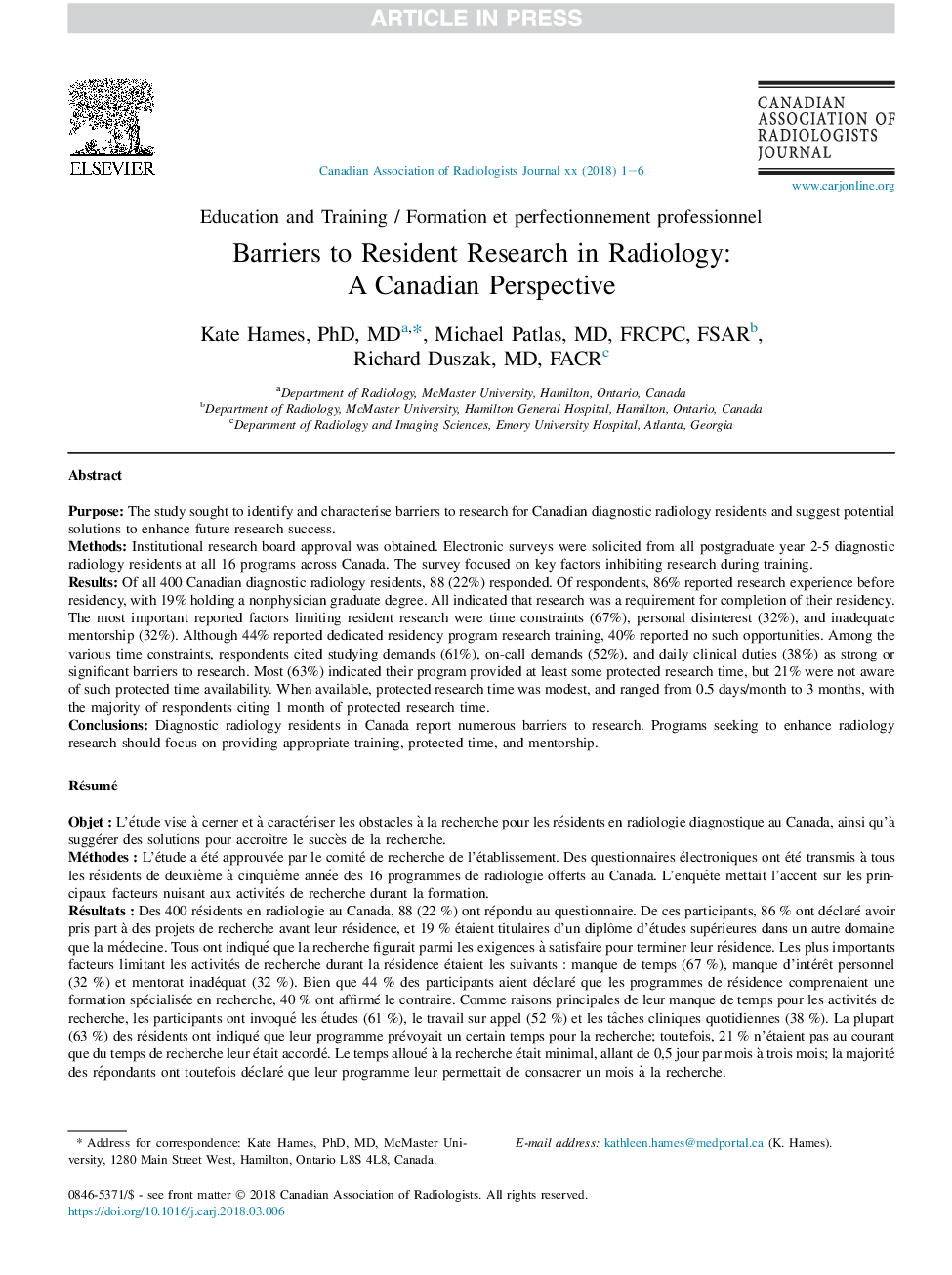 Barriers to Resident Research in Radiology: A Canadian Perspective