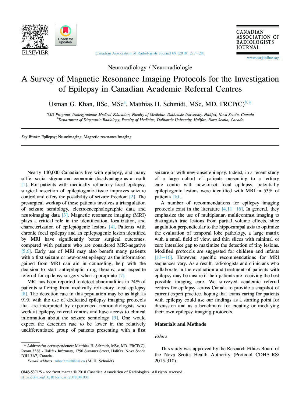 A Survey of Magnetic Resonance Imaging Protocols for the Investigation of Epilepsy in Canadian Academic Referral Centres