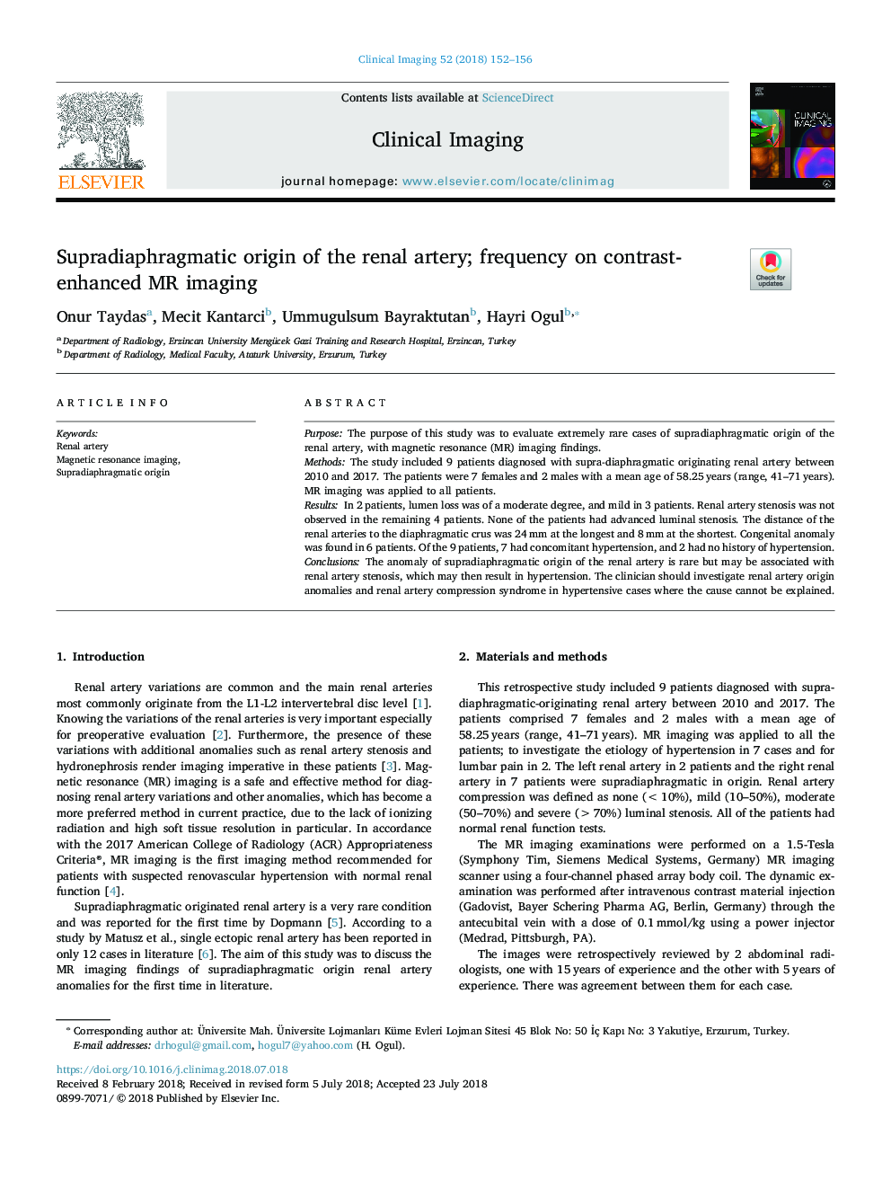 Supradiaphragmatic origin of the renal artery; frequency on contrast-enhanced MR imaging